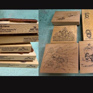 May include: A collection of wooden stamps featuring whimsical illustrations. The stamps include images of mice, butterflies, and floral designs. Some stamps have text, including "Butterfly Express" and "O Lucky Day".