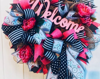 Welcome Wreath, Bicycle Wreath, Summer Wreath, Spring Wreath, Everyday Wreath, Summer Porch Decor, Wreath for Everyday, Housewarming Gift