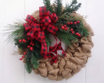 Rustic Burlap Wreath with Pine, Rustic Winter Wreath, Winter Wreath with Pine Bough, Rustic Wreath with Buffalo Check Ribbon