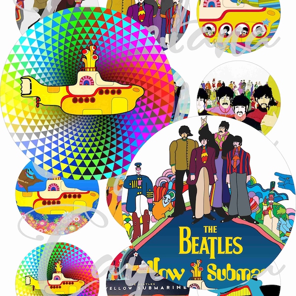 Printable Yellow submarine images for pocket mirrors, craft, scrapbooking and more -digital collage sheet no. 75