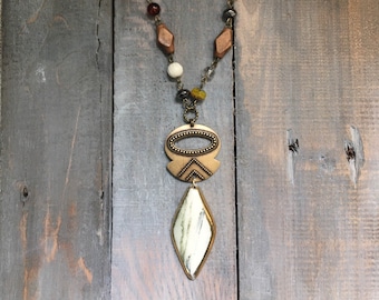 Vtg Repurposed Beaded Earth Tones Statement Pendant.