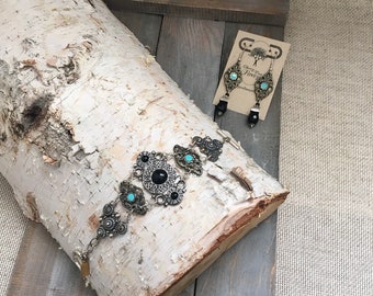Turquoise/Onyx Silver Mix Bracelet Earring Set Boho Western Chic