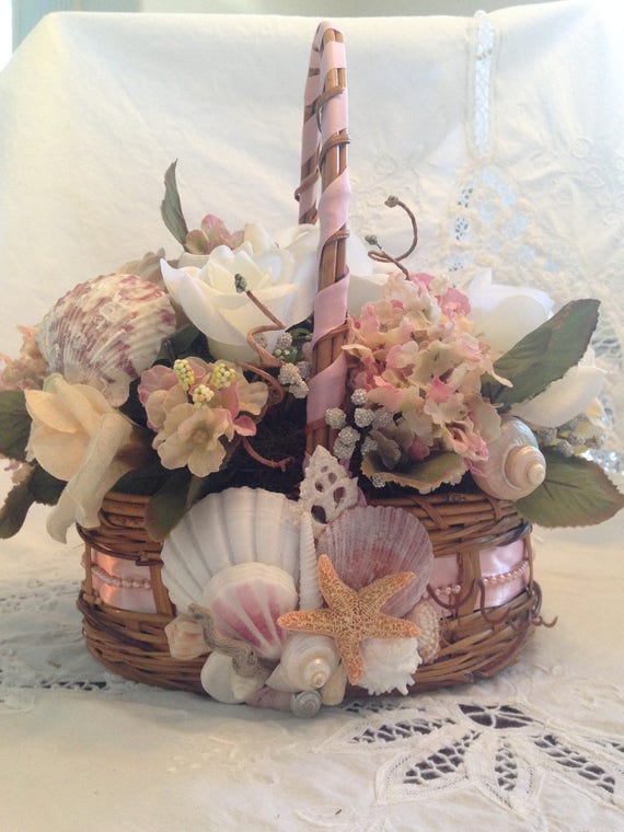 Beach Wedding Flower Girl Basket Artfully Arranged Shells On Opposite Sides Make This Basket Beautiful From Every Angle