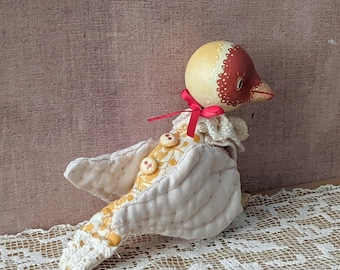 Lady Gouldian Finch-inspired Handsewn & Handpainted Wooden with Papierclay Faced Clothdoll Figurine.