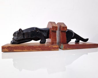 Carved Wooden Panther Bookends, Art Deco, 1920s