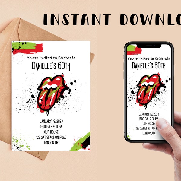 INSTANT Editable Rock & Roll Birthday Invitation DIY Digital Download Rolling Stone Birthday Rock Star Party, Rock N Roll