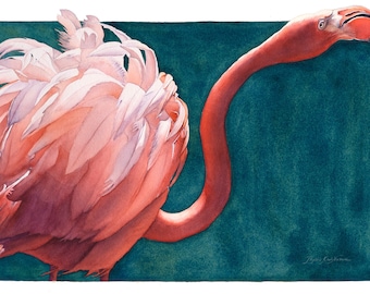 FLAMINGO FEATHERS  tropical  bird watercolor painting, art print giclee, home decor and business