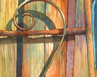 Architecture door, watercolor print art, 11x30, multi textured; metals, wood, rope, multiple bright colors by Phyllis Nathans