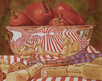 PEARS N CORKS Fruit pears watercolor giclee art print, 12/12, handmade, reflections, reds, silver bowl, still life