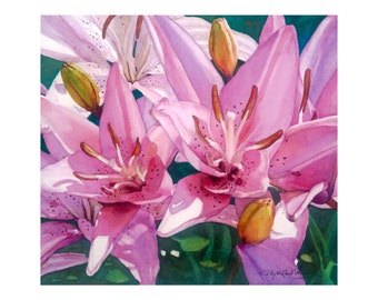 Lilies painting giclee watercolor print, 10/11 by Phyllis Nathans, wall decor, bright pink, purple, floral gifts