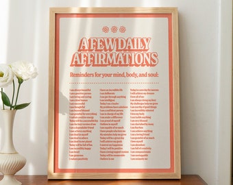 Affirmations Wall Print, Positive Affirmations, Digital Download Print, Retro Wall Decor, Downloadable Prints