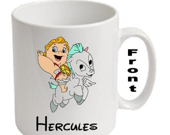 Tazas blancas personalizadas de Hércules para bebé ~ HÉRCULES ~ Cualquier nombre, mensaje, edad, etc.
