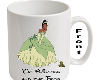Tazze personalizzate con stampa di Tiana con la rana ~ La principessa e il ranocchio ~ Nome, età e messaggio a scelta