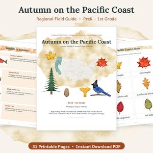 Könnte beinhalten: Ein 31-seitiger, druckbarer pädagogischer Feldführer mit dem Titel Autumn on the Pacific Coast für die Vorschule bis zur 1. Klasse. Das Cover zeigt eine Karte von Washington, Oregon und Kalifornien, einen Tannenbaum, einen Blauhäher und Herbstblätter.