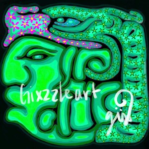 May include: A vibrant, abstract digital art piece featuring a stylized face and lettering. The artwork is primarily green with accents of pink and yellow flowers. The text "hixzzleart girl" is written in white.