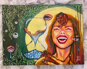 Dipinto acrilico di donna surreale "Echi del tempo" / Arte su tela originale 16x12 / Ritratto emotivo / Arte murale simbolica / Surrealismo moderno