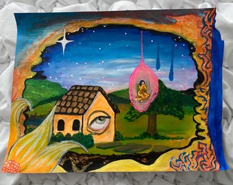 The Cocooned Horizon Original Painting | Surreal Landscape Art | Colorful Dreamscape | Visionary Wall Art
