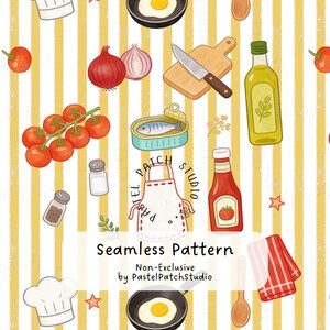 Può includere: Motivo senza cuciture con elementi culinari: cappello da chef, padella con uovo, pomodori, cipolle, tagliere, coltello, olio d'oliva e sardine in scatola. Il motivo include il testo "Seamless Pattern" e "Non-Exclusive by PastelPatchStudio".