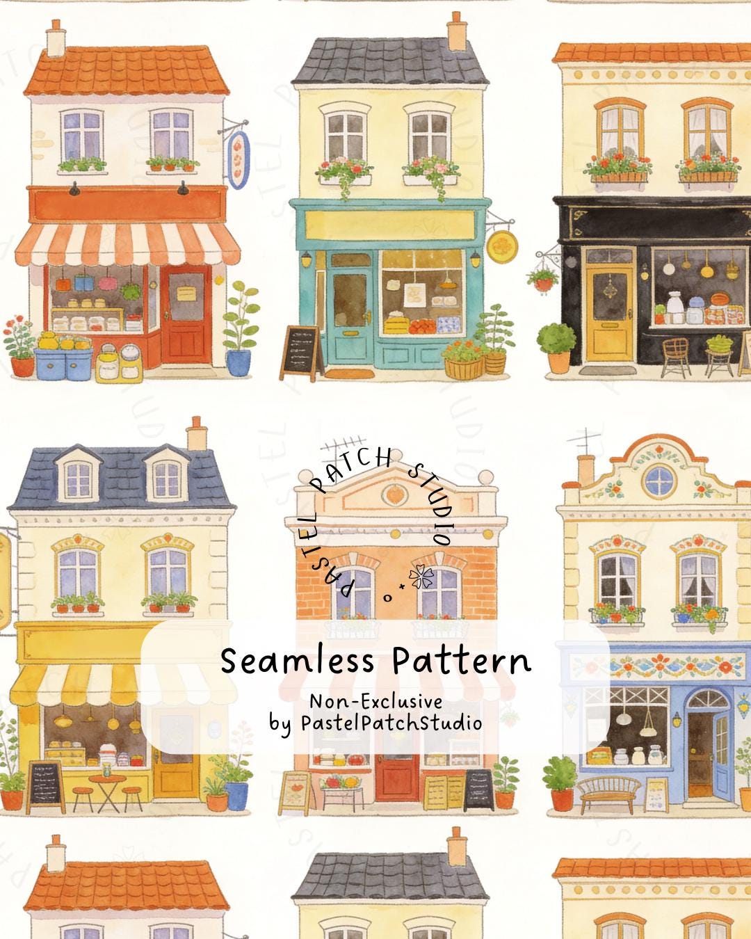 Seamless Storefront Pattern - Repeating Design, Watercolour Image ...