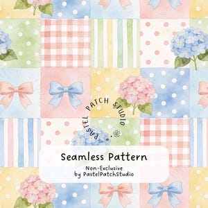 Könnte beinhalten: Ein nahtloses Muster mit einem Patchwork-Design in Pastellfarben. Das Muster enthält Schleifen, Tupfen, Streifen und Hortensienblüten. Der Text "Seamless Pattern" und "Non-Exclusive by PastelPatchStudio" ist ebenfalls zu sehen.