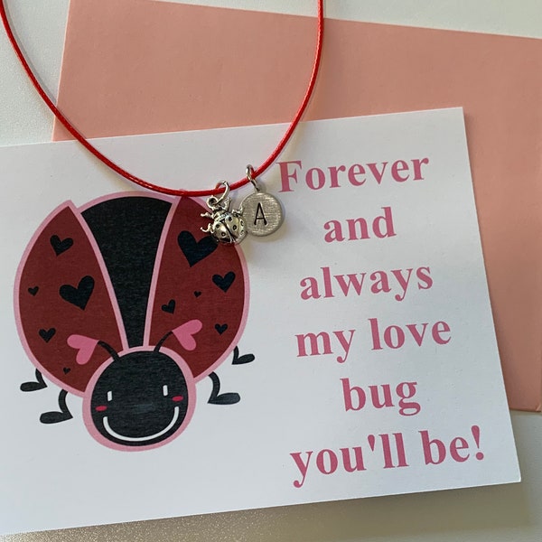Ladybug Love Bug Necklace with Personalized Initial Charm-Includes Valentine Card and Envelope Also - Little Girl Gift
