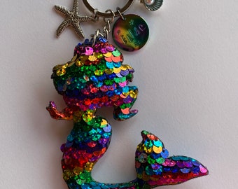 Sequined Mermaid Backpack Tag or Keychain with Iridescent Personalized Charm