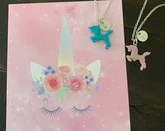 Glitter Unicorn Personalized Necklace - Little Girl Gift- Initial Necklace - Birthday Gift - Magical Unicorn Necklace