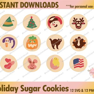 May include: Twelve digital cut files for holiday sugar cookies. The designs include a Christmas tree, snowman, reindeer, ghost, pumpkin, cat, turkey, heart, bunny, chick, American flag, and a hat. The files are available in SVG and PNG formats.
