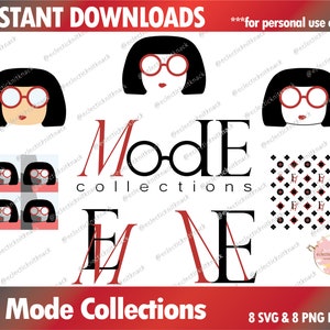 May include: A set of eight digital files for crafting and design. The files include a black and white pattern with a red and black diamond shape, a red and black logo with the text "Mode Collections", and four images of a black and white cartoon character with red glasses and red lips.