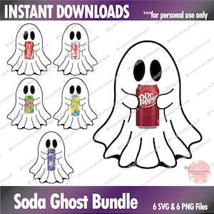 May include: A digital graphic set titled Soda Ghost Bundle featuring six white cartoon ghosts with black eyes. Each ghost holds a different soda can, including Coca-Cola, Diet Coke, Mountain Dew, a yellow soda, a purple soda, and Dr. Pepper.