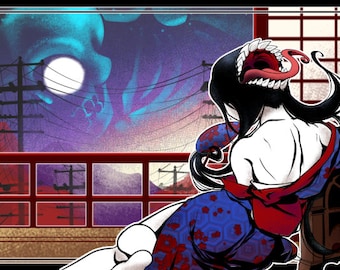 Yokai Linocut Futakuchi onna Yokai Linocut Futakuchi onna