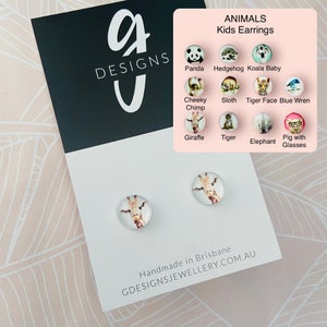 ANIMALS Kids Girls Stud Earrings - Glass Dome - Your Choice - Panda Hedgehog Tiger Giraffe Elephant Pig Blue Wren Sloth - Clipon
