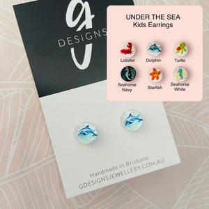 UNDER THE SEA - Girls Kids Stud Earrings - Glass Dome - Stud Earring - Gift Idea - Your Choice - Dolphin Seahorse Turtle Starfish Lobster.