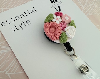 Retractable Badge Reel - Nurse Id Badge - Id Holder - Security Pass - Lanyard - Clipon Badge - Handmade - Polymer Clay - Pink/White.