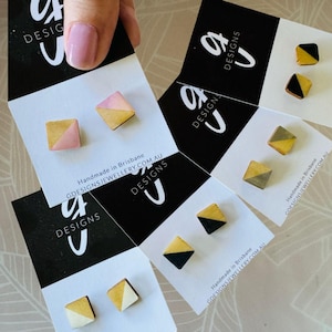SQUARE Bamboo Stud earring - Hand-painted - Glossy Resin - You choose colour - Pastel Pink,  Blue, White, Navy, Black, Silver.