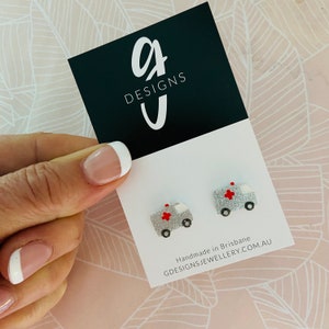 NURSE MEDICAL AMBULANCE - Stud Earrings - Acrylic -  Hand-Painted - Ambulance / Paramedic  - Nurse Scrub - Bandaid - Heart - You choose.
