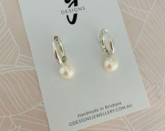 PEARL DROPS - Statement Dangle Earrings - Huggie - Your Choice - Stainless Steel Rose gold Yellow Gold.