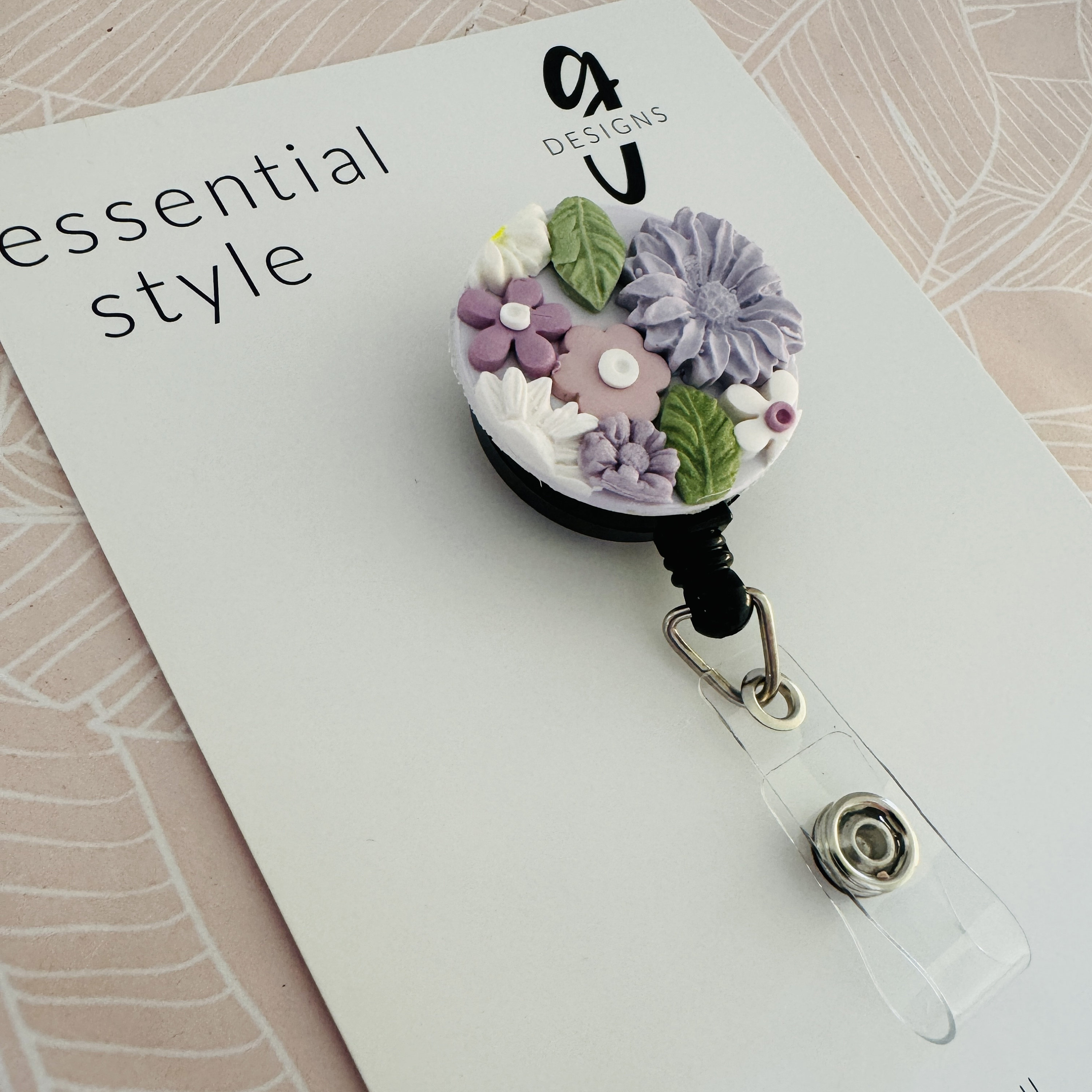 Retractable Badge Reel - Nurse Id Badge - Id Holder - Security Pass - Lanyard - Clipon Badge - Handmade - Polymer Clay - Lilac/Purple/White