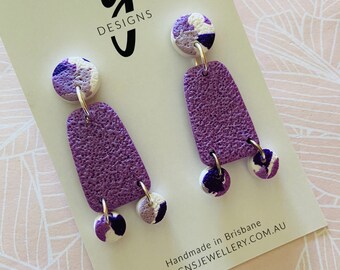 Statement Earrings - 'PURPLE POP' - Trapezium - Mini Dangles - Patterned Purple Stud Top - Purple/Lilac/White