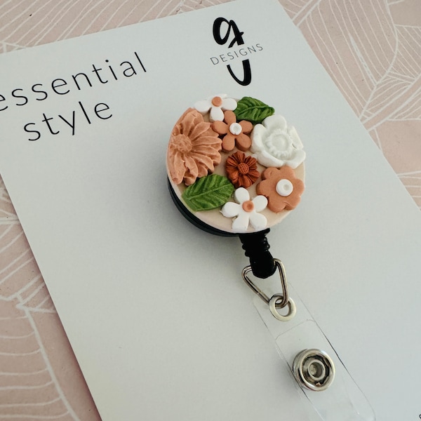 Retractable Badge Reel - Nurse Id Badge - Id Holder - Security Pass - Lanyard - Clipon Badge - Handmade - Polymer Clay - Green/White/Orange