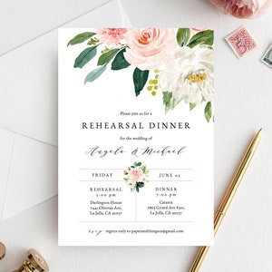 Plantilla de invitación a la cena de ensayo, invitación de ensayo de boda floral rubor, imprimible la noche antes de la invitación al ensayo, Templett, W29