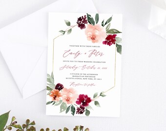 Burgundy Wedding Invitation Template, Printable Wedding Invitation Suite, Burgundy Floral Wedding Invitation Set, Templett, W45