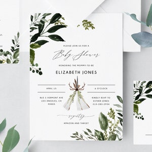 Boho Greenery Baby Shower Invitation Template, Printable Baby Shower Invitation, Woodland Themed, Instant Download, Templett, B54B