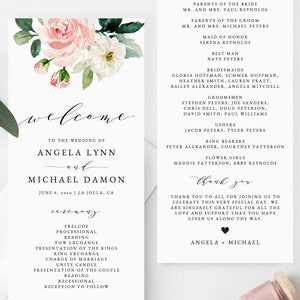 Floral Wedding Program Template, Printable Wedding Program, Blush Wedding Program, Editable Ceremony Programs, Instant, Templett, W29