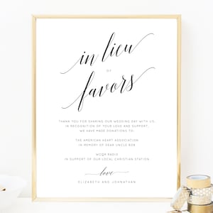 Anstatt Favors Schild Vorlage, Printable Anstatt Favors Schild, Bearbeitbar Anstatt Favors Schild, Hochzeit Spende Schild, Templett, W02