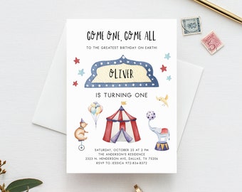 Circus Birthday Invitation Template, Carnival Birthday Party Invitation, Printable Circus Themed Invite, Instant Download, Templett