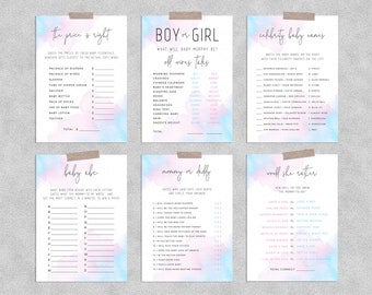 Gender Reveal Game Templates Bundle, Baby Shower Games Instant Download, Watercolor Blue or Pink Gender Reveal Party, Templett, B01