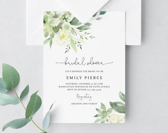 Puede incluir: Una invitación de ducha nupcial blanca con diseños florales de acuarela verde. El texto dice "bridal shower", "Let's shower the bride-to-be", "Emily Pierce", "Saturday, October 22 at 4 PM", "Manhattan Penthouse on Fifth Avenue", "RSVP to Esther 212-284-3928", "Registry", "Amazon and Target".
