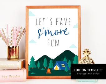 S'mores Bar Sign Printable, Adventure Begins Baby Shower S'mores Sign, S'more Fun, Party Smore, Templett, B06