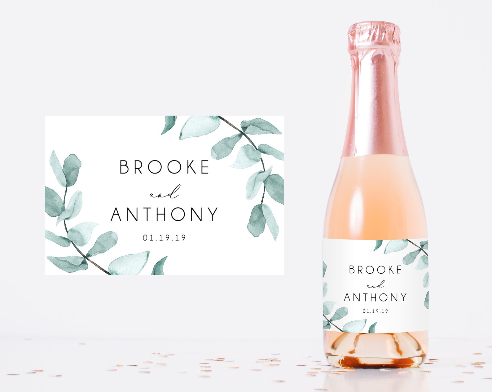 mini-champagne-bottle-label-template-eucalyptus-leaves-etsy